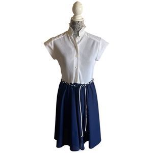 Vintage 70s Franky B. Ribbed Bodice Dress White Navy Blue
